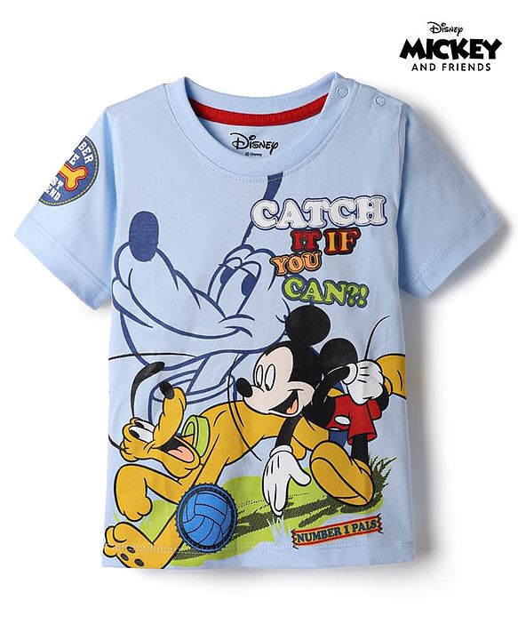 Babyhug Disney 100% Cotton Single Jersey Knit Half sleeves Tshirt with Mickey Mouse Print - Light Blue