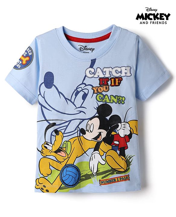 Babyhug Disney 100% Cotton Single Jersey Knit Half sleeves Tshirt with Mickey Mouse Print - Light Blue