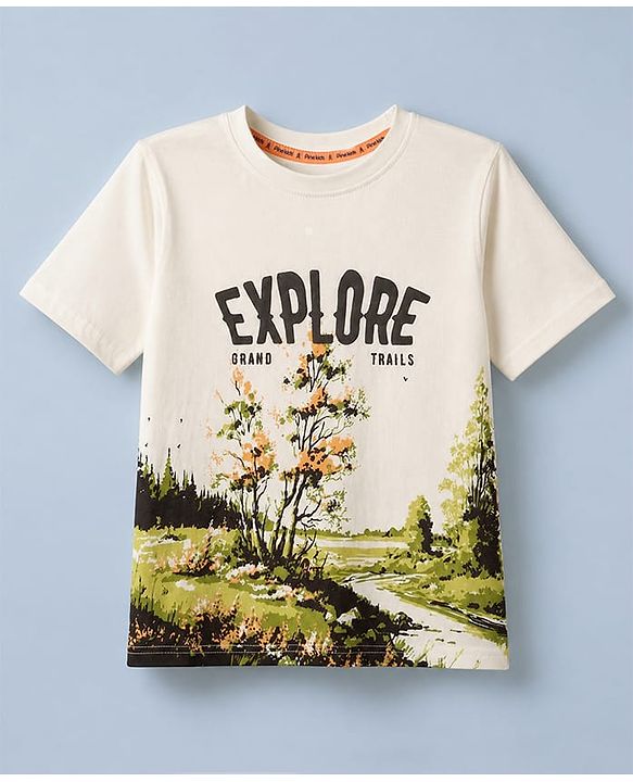 Pine Kids 100% Cotton Knit T-Shirt with Half Sleeves and Landscape Print in Offwhite for 4-5 Years