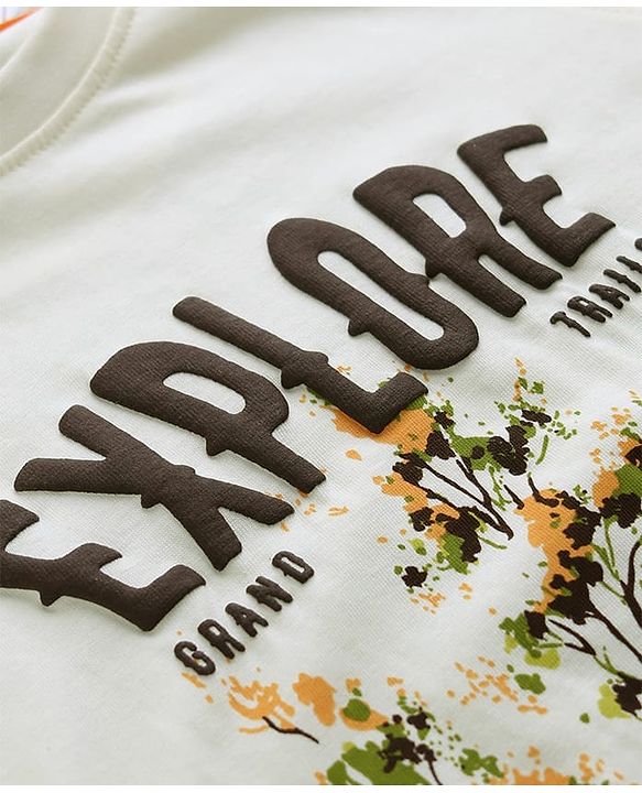Pine Kids 100% Cotton Knit T-Shirt with Half Sleeves and Landscape Print in Offwhite for 4-5 Years
