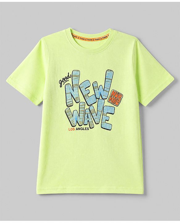 Pine Kids 100% Cotton Knit T-Shirt with Half Sleeves and New Wave Print in Lime Green