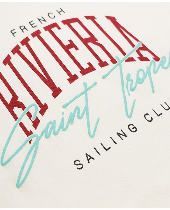 Pine Kids 100% Cotton Knit T-Shirts with Half Sleeves and French Riviera Saint Tropez Sailing Club Print in Offwhite for 4-5 Years