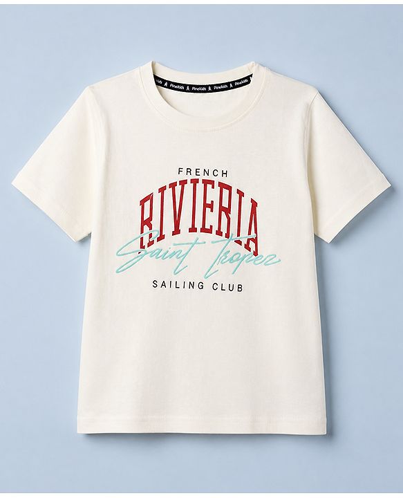 Pine Kids 100% Cotton Knit T-Shirts with Half Sleeves and French Riviera Saint Tropez Sailing Club Print in Offwhite for 4-5 Years