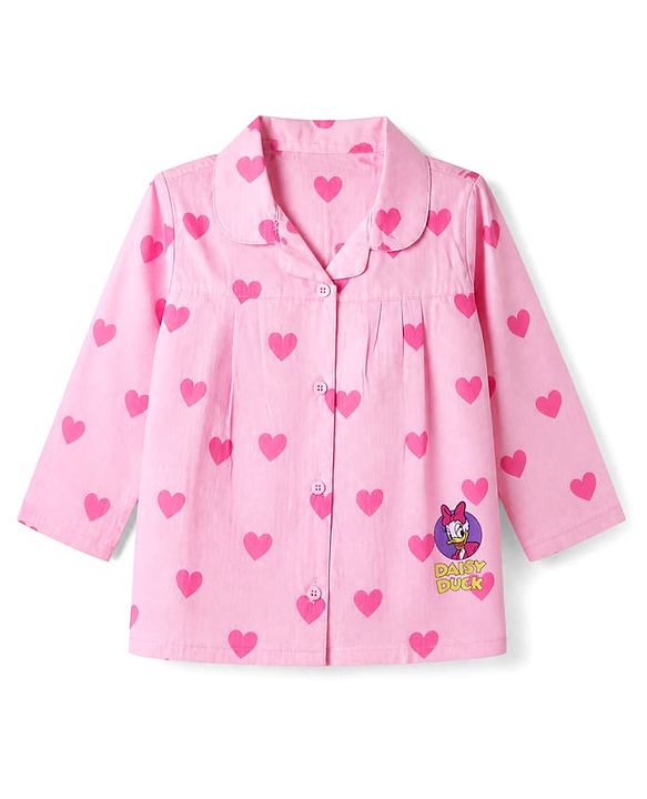Babyhug Disney 100% Cotton Poplin Woven Co-Ords Top & Pyjama Night Suit with Hearts & Daisy Duck Print - Pink