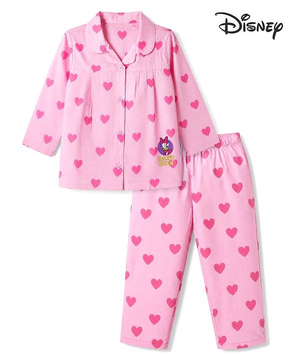 Babyhug Disney 100% Cotton Poplin Woven Co-Ords Top & Pyjama Night Suit with Hearts & Daisy Duck Print - Pink