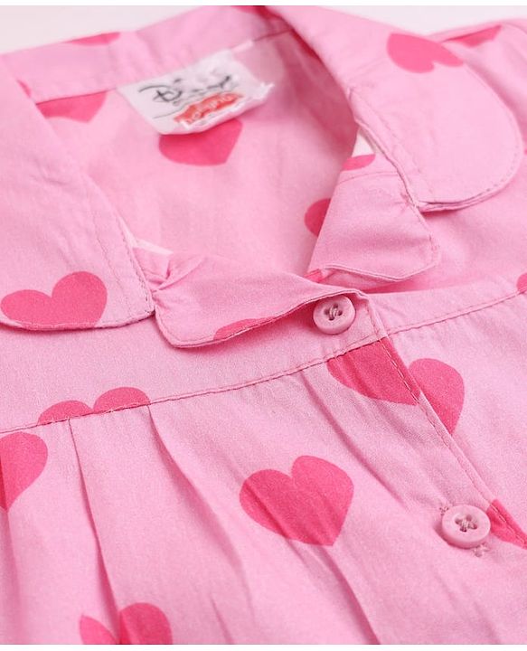Babyhug Disney 100% Cotton Poplin Woven Co-Ords Top & Pyjama Night Suit with Hearts & Daisy Duck Print - Pink
