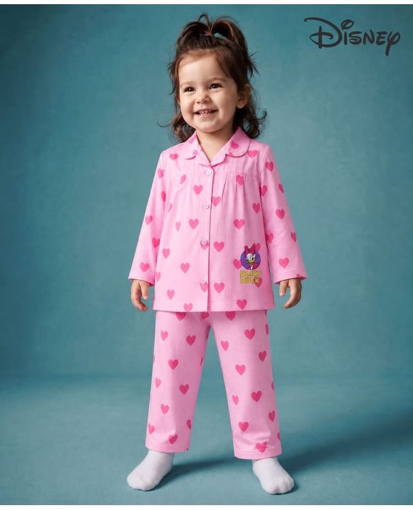 Babyhug Disney 100% Cotton Poplin Woven Co-Ords Top & Pyjama Night Suit with Hearts & Daisy Duck Print - Pink