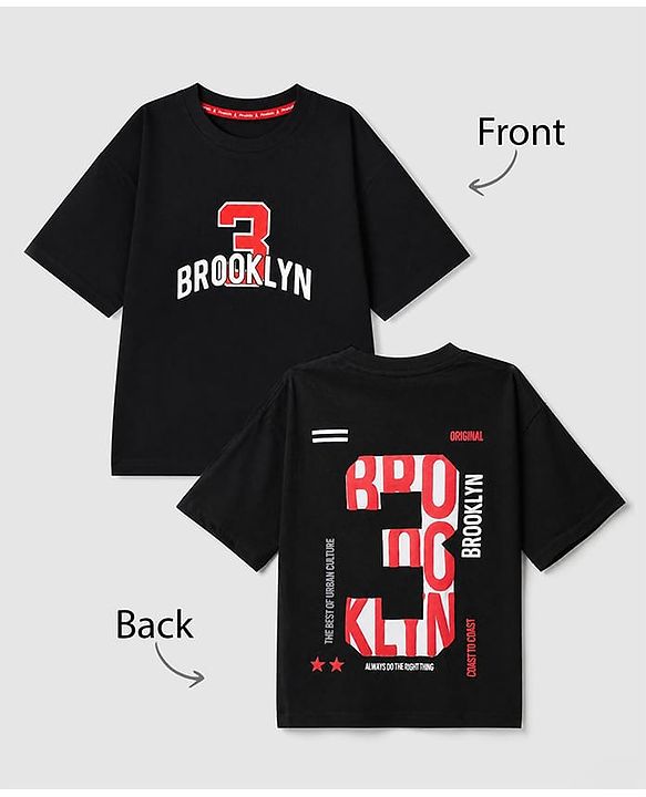 Pine Kids 100% Cotton Knit T-Shirts with Half Sleeves, Drop Shoulder Sleeves and 3 Brooklyn Print in Black