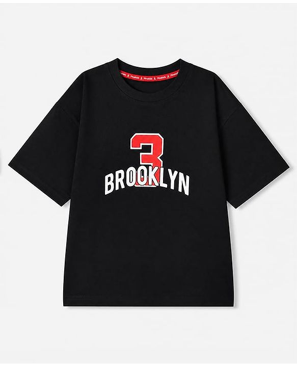 Pine Kids 100% Cotton Knit T-Shirts with Half Sleeves, Drop Shoulder Sleeves and 3 Brooklyn Print in Black