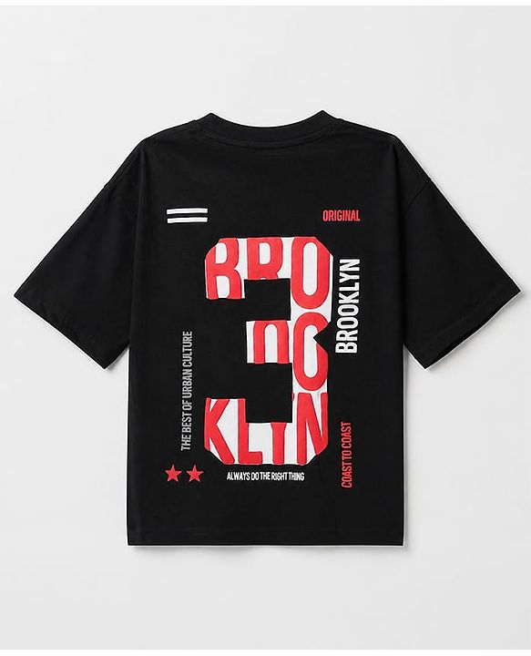 Pine Kids 100% Cotton Knit T-Shirts with Half Sleeves, Drop Shoulder Sleeves and 3 Brooklyn Print in Black