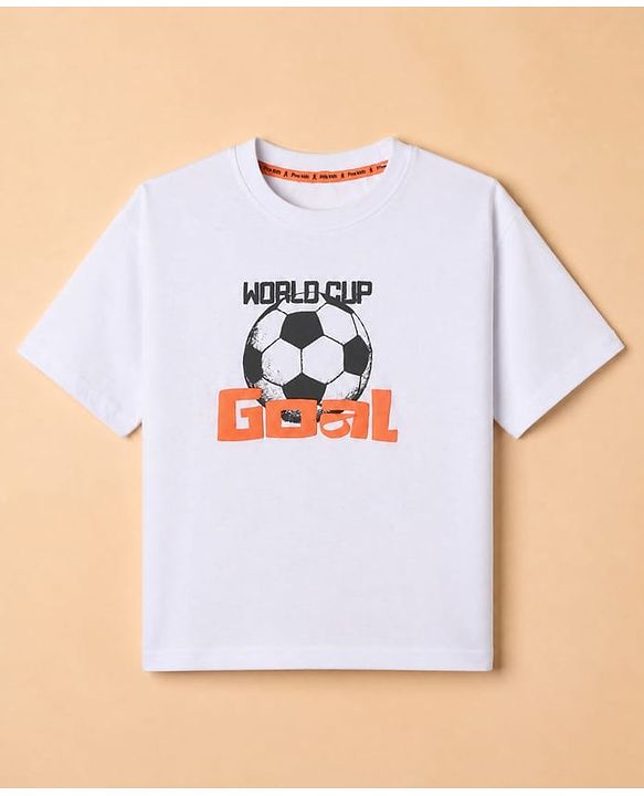 Pine Kids 100% Cotton Knit T-Shirt with Half Sleeves and Soccer Ball Print in White