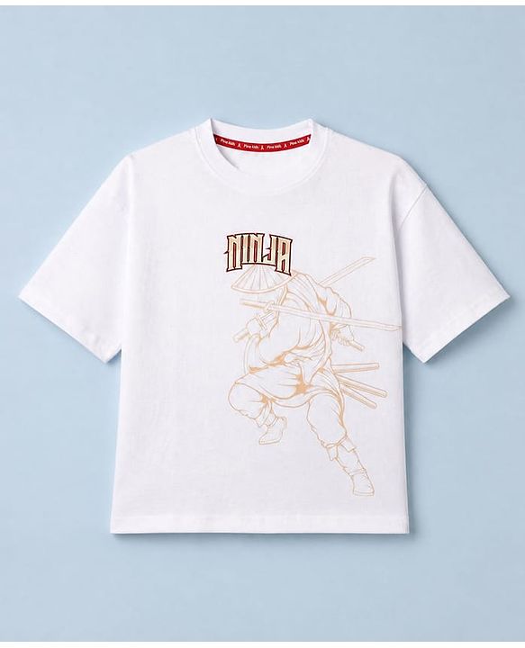 Pine Kids 100% Cotton Knit T-Shirts with Half Sleeves, Drop Shoulder and Ninja Print in White