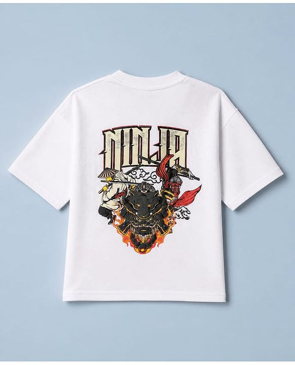 Pine Kids 100% Cotton Knit T-Shirts with Half Sleeves, Drop Shoulder and Ninja Print in White
