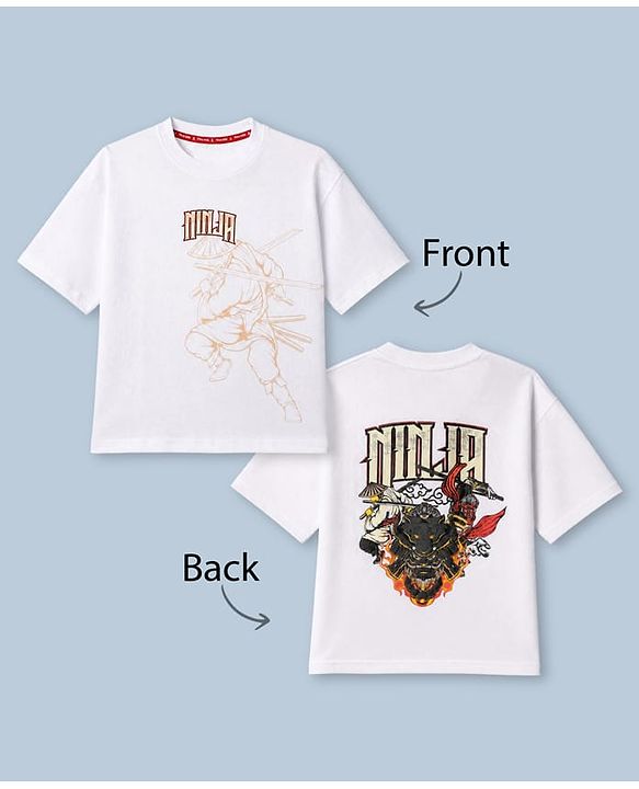 Pine Kids 100% Cotton Knit T-Shirts with Half Sleeves, Drop Shoulder and Ninja Print in White