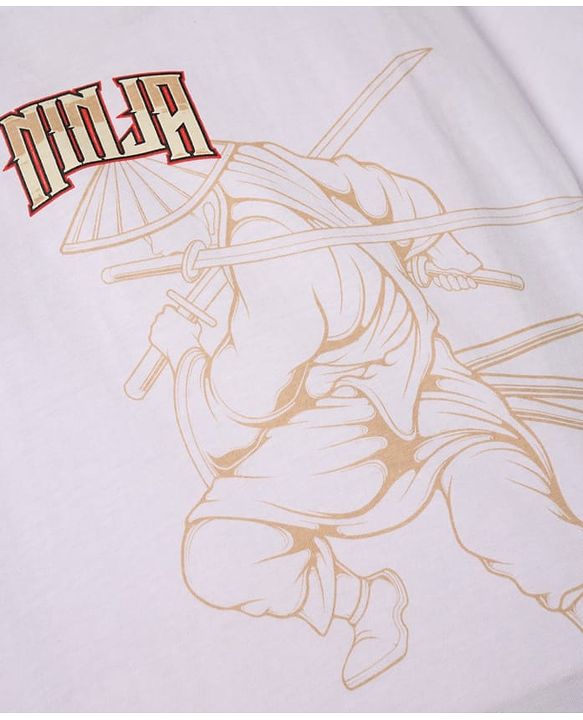 Pine Kids 100% Cotton Knit T-Shirts with Half Sleeves, Drop Shoulder and Ninja Print in White