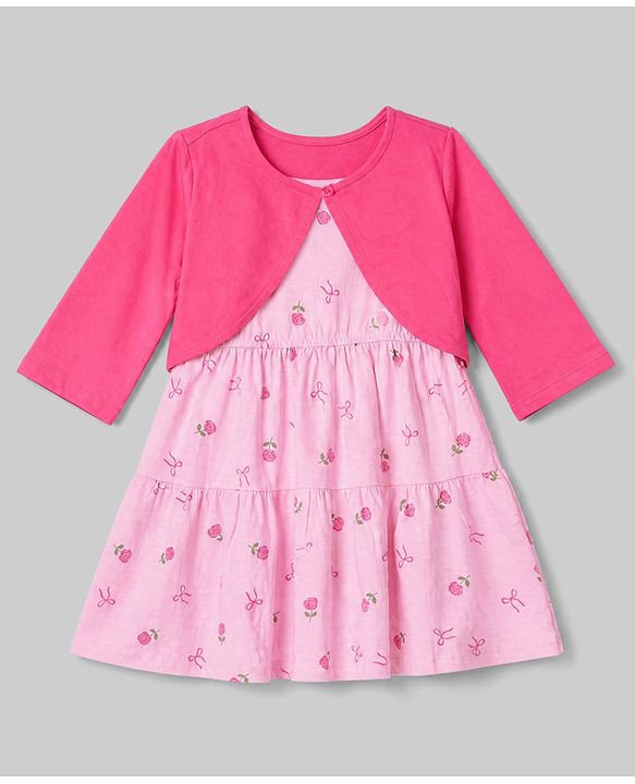 Pine Kids Cotton Knit Frock with Jacket with Full Sleeves and Roses Print in Pink