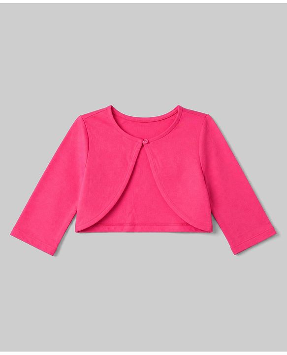 Pine Kids Cotton Knit Frock with Jacket with Full Sleeves and Roses Print in Pink