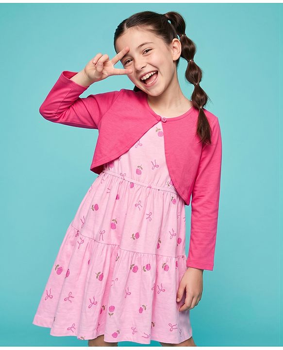 Pine Kids Cotton Knit Frock with Jacket with Full Sleeves and Roses Print in Pink