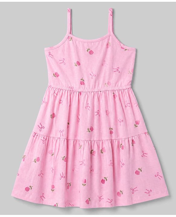 Pine Kids Cotton Knit Frock with Jacket with Full Sleeves and Roses Print in Pink