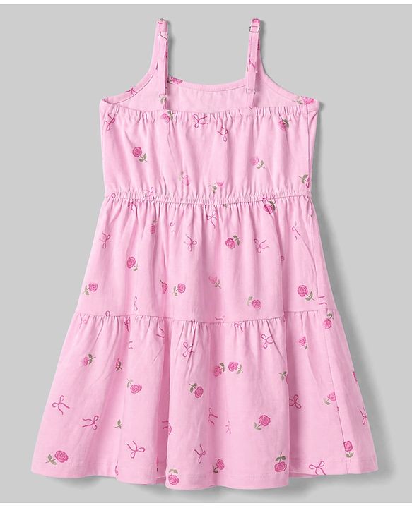 Pine Kids Cotton Knit Frock with Jacket with Full Sleeves and Roses Print in Pink