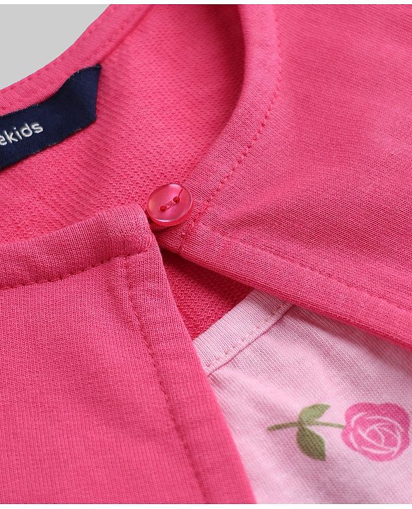 Pine Kids Cotton Knit Frock with Jacket with Full Sleeves and Roses Print in Pink