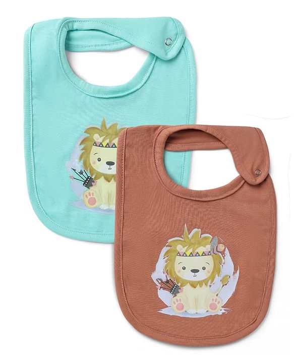 Babyhug 100% Cotton Baby Bibs Set of 2 Lion Print - Green & Brown| Soft & Comfortable| Button Closure| Feeding & Drooling| Easy to Wear| Machine Washable| Newborn & Infant Feeding Essential