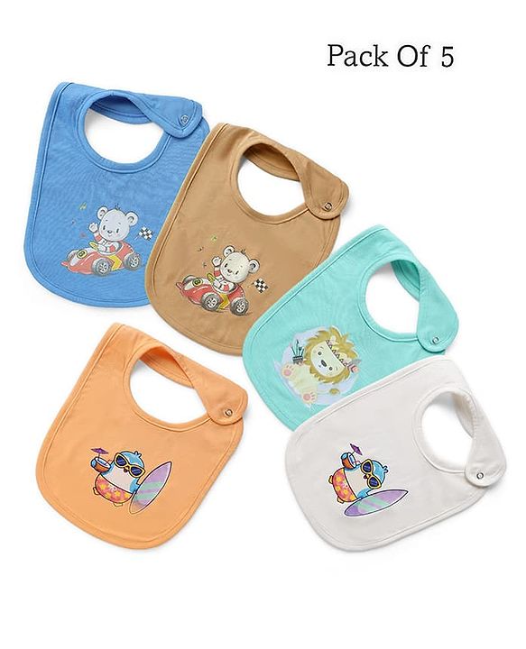 Babyhug 100% Cotton Baby Bibs Animal Prints - Set of 5| Soft & Comfortable| Button Closure| Feeding & Drooling| Easy to Wear| Machine Washable| Newborn & Infant Feeding Essential
