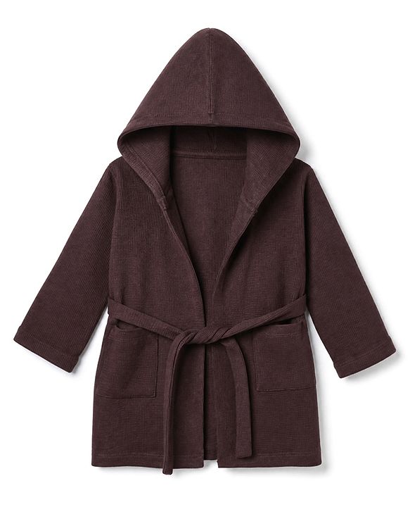 Babyhug Waffle Knit Full Sleeves Bath Robe With Hood in Brown