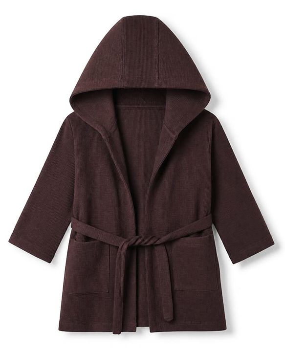 Babyhug Waffle Knit Full Sleeves Bath Robe With Hood in Brown