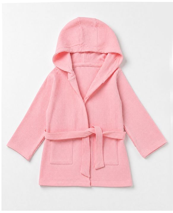 Babyhug Waffle Knit Full Sleeves Bath Robe With Hood in Pink