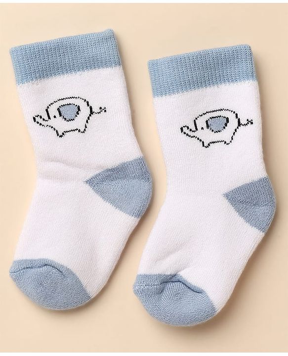 Cute Walk By Babyhug Anti-Bacterial Terry Knit Ankle Length Socks With Elephant Design Pack Of 3- Blue & White