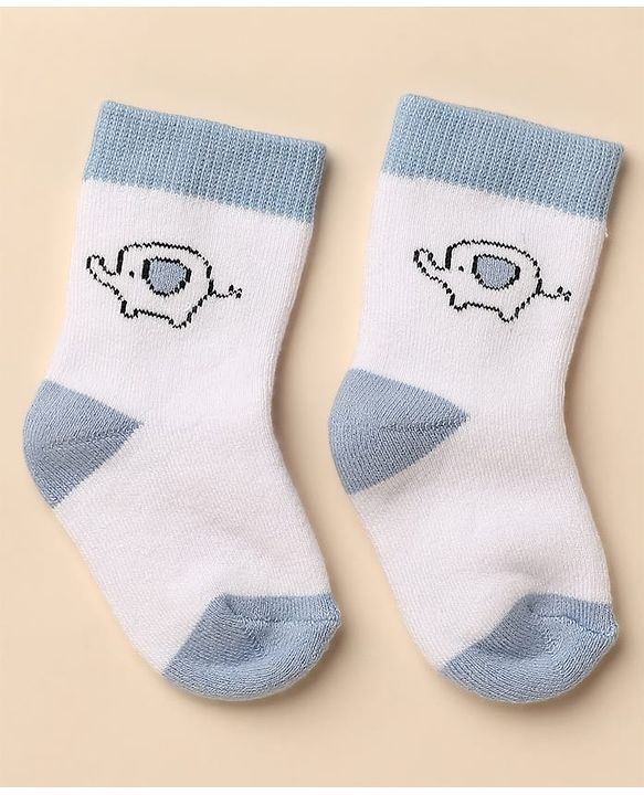 Cute Walk By Babyhug Anti-Bacterial Terry Knit Ankle Length Socks With Elephant Design Pack Of 3- Blue & White