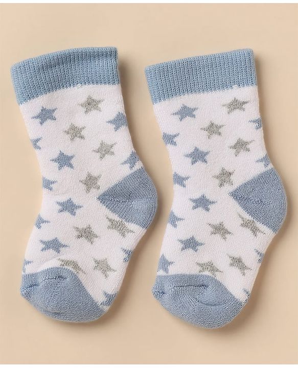 Cute Walk By Babyhug Anti-Bacterial Terry Knit Ankle Length Socks With Elephant Design Pack Of 3- Blue & White