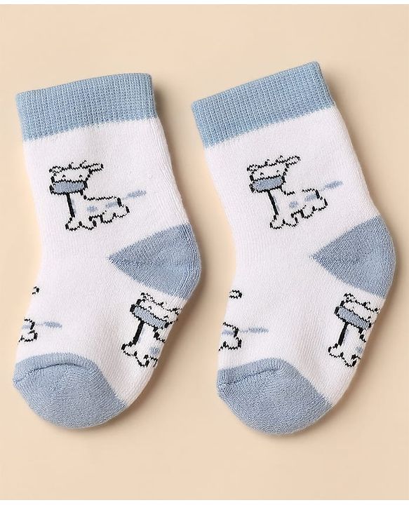Cute Walk By Babyhug Anti-Bacterial Terry Knit Ankle Length Socks With Elephant Design Pack Of 3- Blue & White