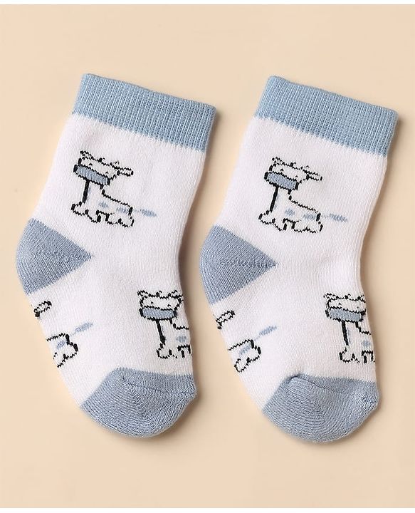 Cute Walk By Babyhug Anti-Bacterial Terry Knit Ankle Length Socks With Elephant Design Pack Of 3- Blue & White
