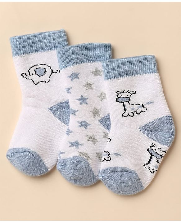 Cute Walk By Babyhug Anti-Bacterial Terry Knit Ankle Length Socks With Elephant Design Pack Of 3- Blue & White