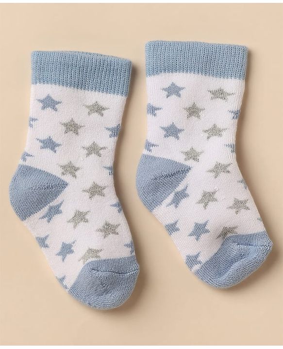 Cute Walk By Babyhug Anti-Bacterial Terry Knit Ankle Length Socks With Elephant Design Pack Of 3- Blue & White