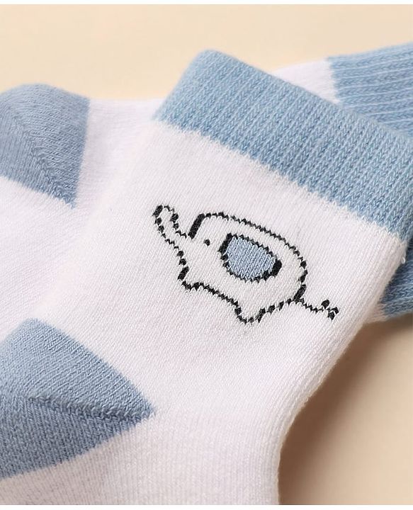 Cute Walk By Babyhug Anti-Bacterial Terry Knit Ankle Length Socks With Elephant Design Pack Of 3- Blue & White