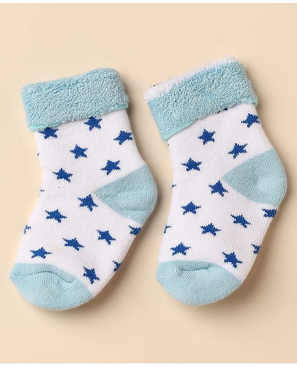 Cute Walk By Babyhug Anti-Bacterial Terry Knit Ankle Length Socks With Star Design Pack Of 3- Blue & White