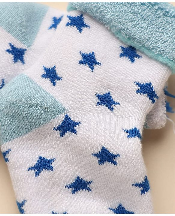 Cute Walk By Babyhug Anti-Bacterial Terry Knit Ankle Length Socks With Star Design Pack Of 3- Blue & White