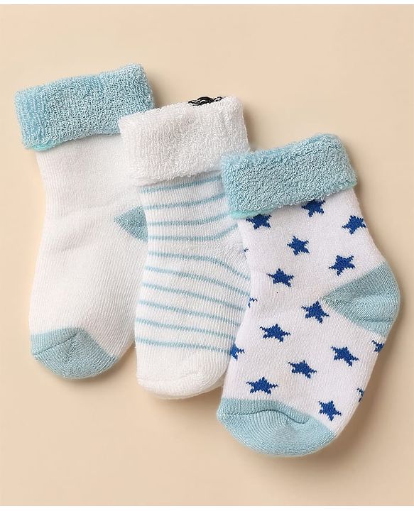 Cute Walk By Babyhug Anti-Bacterial Terry Knit Ankle Length Socks With Star Design Pack Of 3- Blue & White