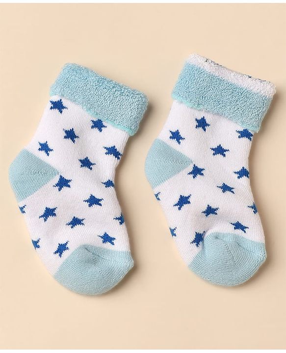 Cute Walk By Babyhug Anti-Bacterial Terry Knit Ankle Length Socks With Star Design Pack Of 3- Blue & White