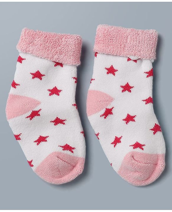 Cute Walk By Babyhug Anti-Bacterial Terry Knit Ankle Length Socks With Star Design Pack Of 3- Pink & White