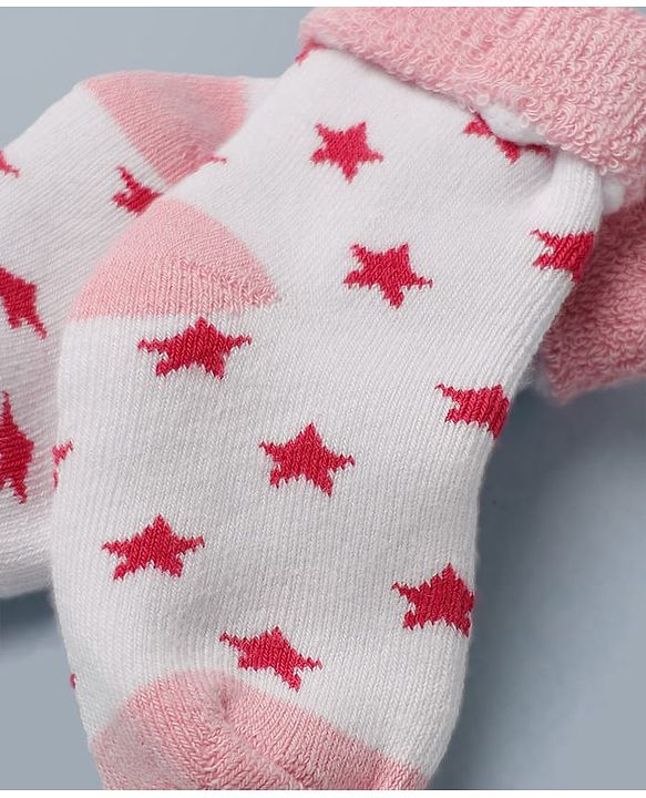 Cute Walk By Babyhug Anti-Bacterial Terry Knit Ankle Length Socks With Star Design Pack Of 3- Pink & White