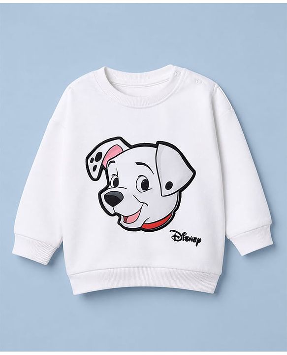 Babyhug Disney 100% Cotton Terry Knit Full Sleeves Sweatshirt With Drop Shoulder Sleeves And Dalmatians Applique - White