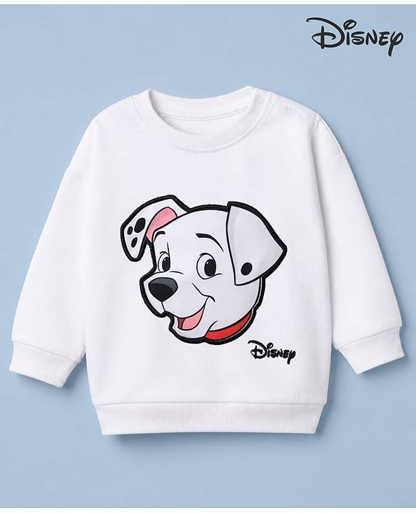 Babyhug Disney 100% Cotton Terry Knit Full Sleeves Sweatshirt With Drop Shoulder Sleeves And Dalmatians Applique - White