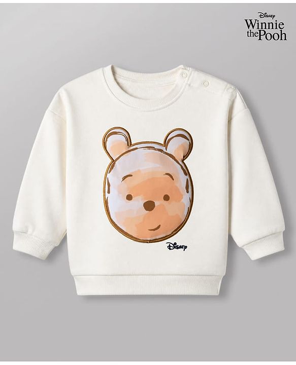 Babyhug Disney 100% Cotton Terry Knit Sweatshirt with Full Sleeves, Drop Shoulder Sleeves and Winnie The Pooh Patch in White
