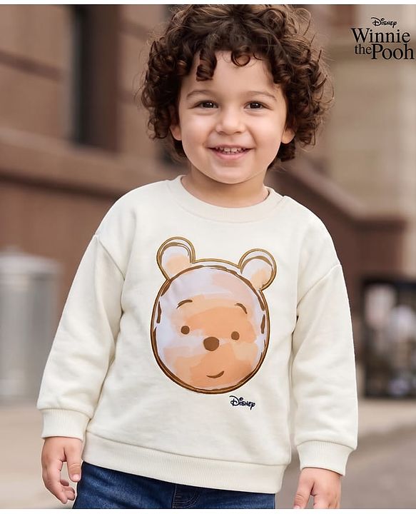 Babyhug Disney 100% Cotton Terry Knit Sweatshirt with Full Sleeves, Drop Shoulder Sleeves and Winnie The Pooh Patch in White