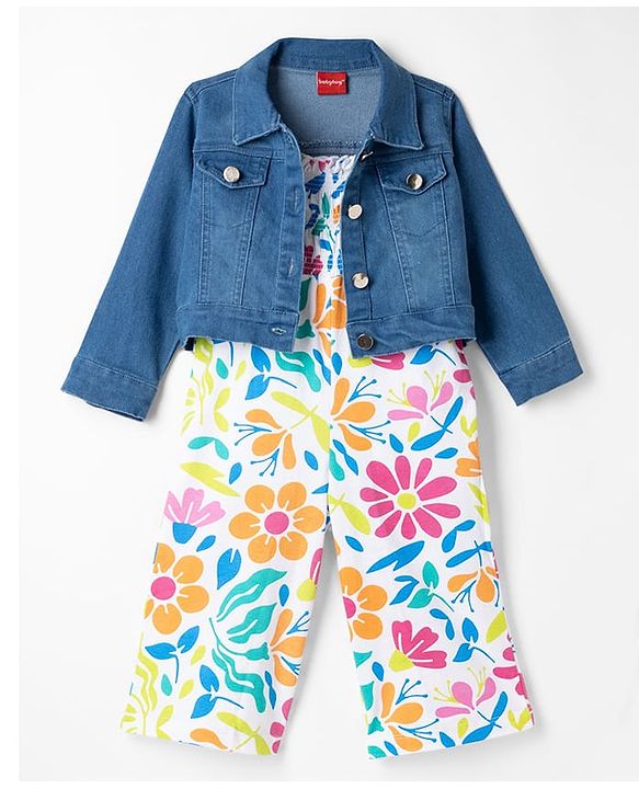 Babyhug 100% Cotton Knit Sleeveless Floral Printed Jumpsuit With Jacket - Navy Blue