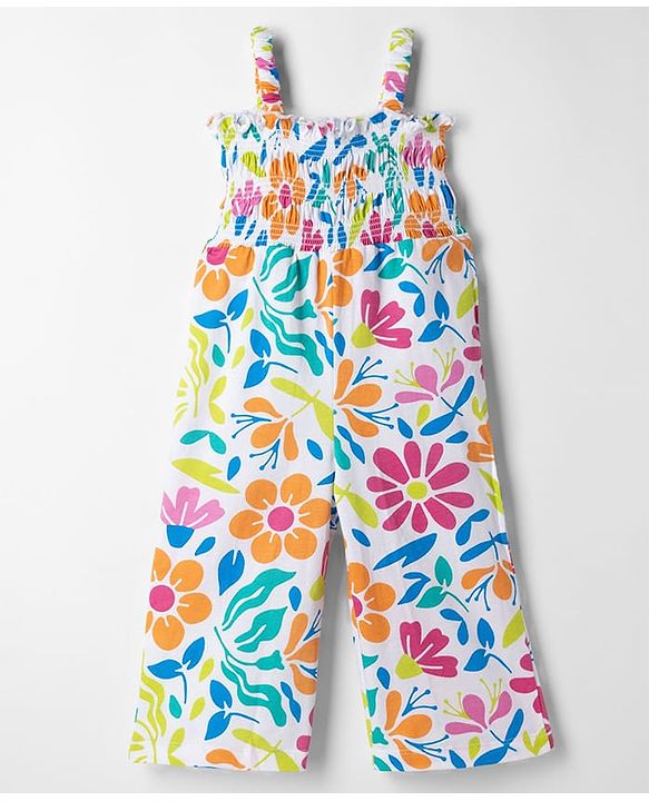 Babyhug 100% Cotton Knit Sleeveless Floral Printed Jumpsuit With Jacket - Navy Blue